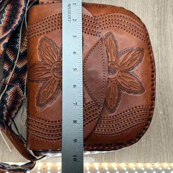Womens Handbag Boho Leather Floral Tooled Embossed Purse Mini Sling Tan Brown - Picture 9 of 12